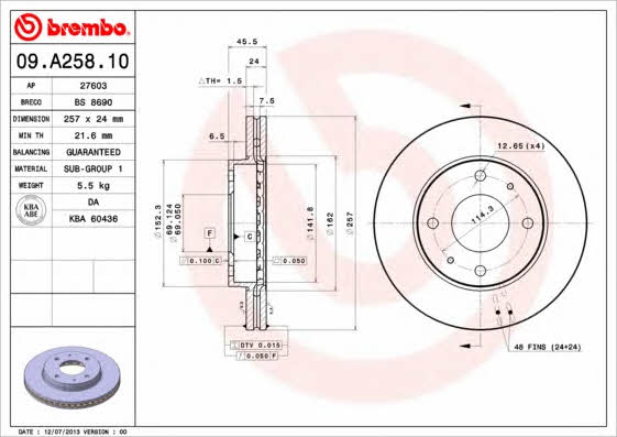 Vented brake disc, 1 pc Brembo 09.A258.10