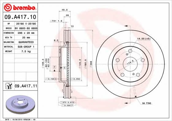 Brembo 09.A417.10 Ventilated disc brake, 1 pcs. 09A41710