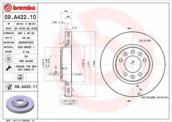 Front vented brake disc Brembo 09.A422.10