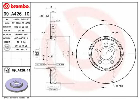 Brembo 09.A426.10 Ventilated disc brake, 1 pcs. 09A42610