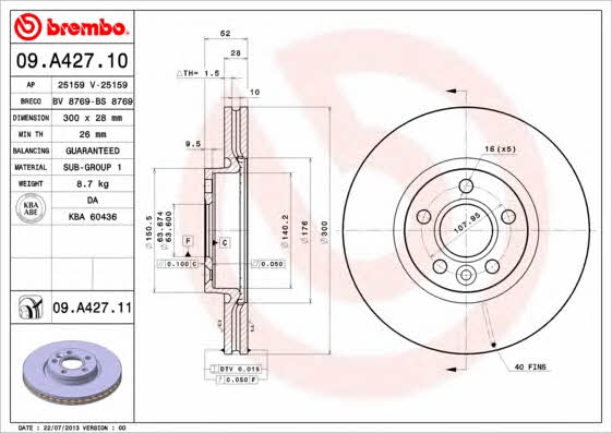 Ventilated disc brake, 1 pcs. Brembo 09.A427.11