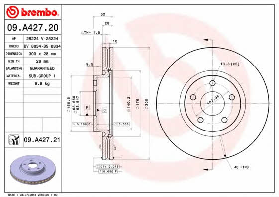 Brembo 09.A427.20 Ventilated disc brake, 1 pcs. 09A42720