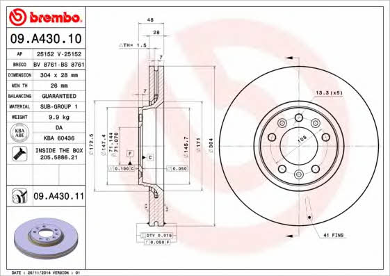 Ventilated disc brake, 1 pcs. Brembo 09.A430.10