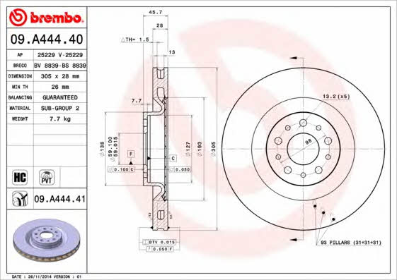 Brembo 09.A444.40 Ventilated disc brake, 1 pcs. 09A44440