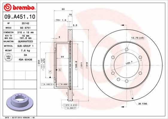 Rear ventilated brake disc Brembo 09.A451.10
