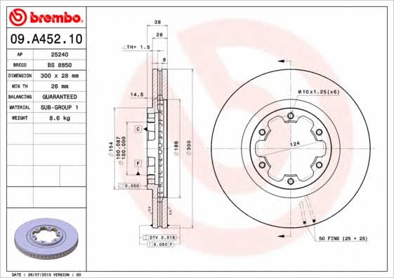 Ventilated disc brake, 1 pcs. Brembo 09.A452.10