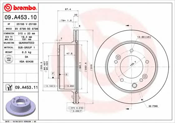 Brembo 09.A453.10 Rear ventilated brake disc 09A45310
