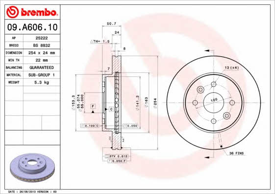 Ventilated disc brake, 1 pcs. Brembo 09.A606.10