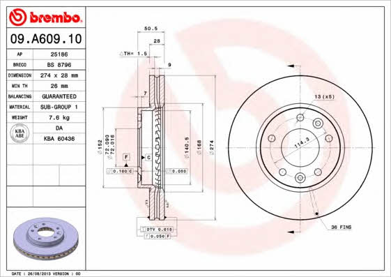 Front vented brake disc Brembo 09.A609.10