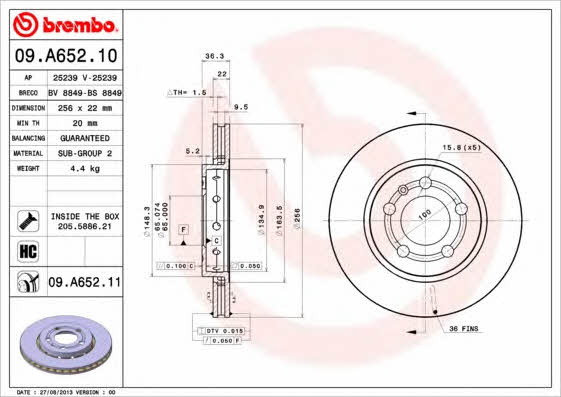 Brembo 09.A652.10 Rear ventilated brake disc 09A65210