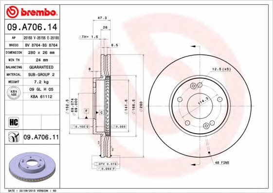 Front vented brake disc Brembo 09.A706.11