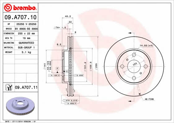 Brembo 09.A707.10 Ventilated disc brake, 1 pcs. 09A70710