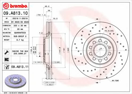 Ventilated brake disc with perforation Brembo 09.A813.11
