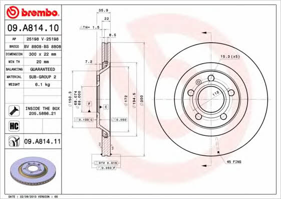 Brembo 09.A814.10 Rear ventilated brake disc 09A81410