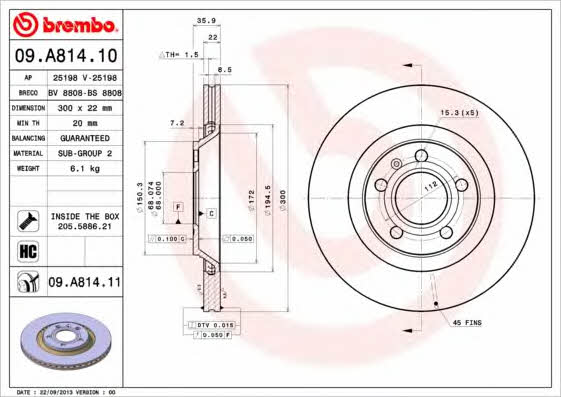 Rear vented brake disc Brembo 09.A814.11