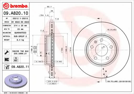 Brembo 09.A820.10 Ventilated disc brake, 1 pcs. 09A82010