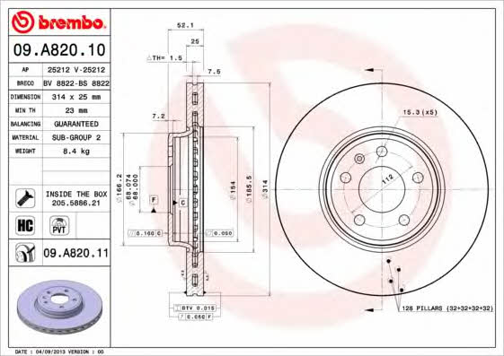 Vented brake disc, 1 pc Brembo 09.A820.11