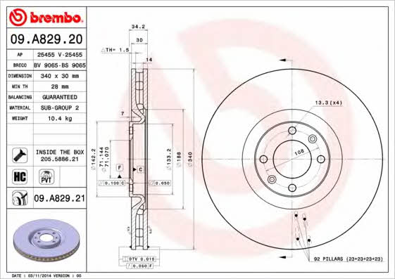 Brembo 09.A829.20 Ventilated disc brake, 1 pcs. 09A82920