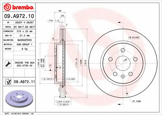 Brembo 09.A972.10 Rear ventilated brake disc 09A97210