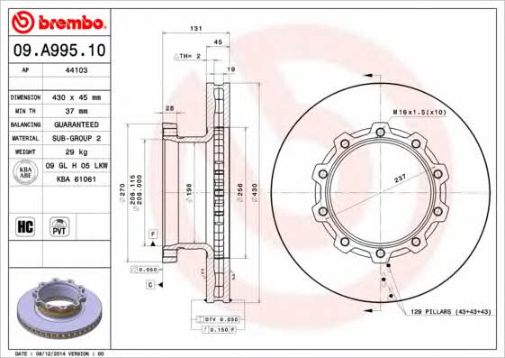 Ventilated disc brake, 1 pcs. Brembo 09.A995.10
