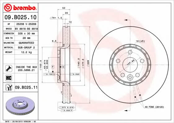 Brembo 09.B025.10 Ventilated disc brake, 1 pcs. 09B02510