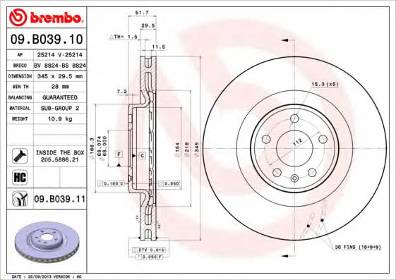 Brembo 09.B039.10 Ventilated disc brake, 1 pcs. 09B03910
