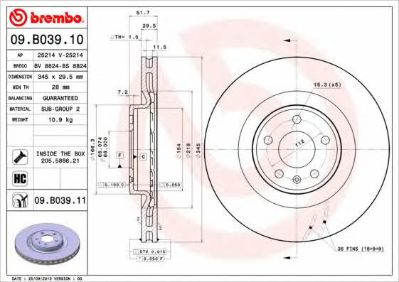 Vented brake disc, 1 pc Brembo 09.B039.11