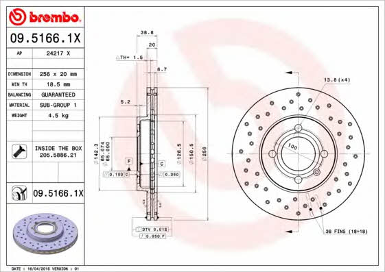 Ventilated brake disc with perforation Brembo 09.5166.1X