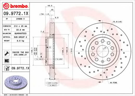 Ventilated brake disc with perforation Brembo 09.9772.1X
