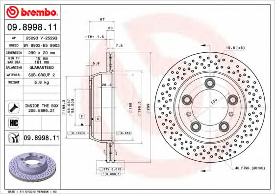 Rear vented brake disc Brembo 09.8998.11