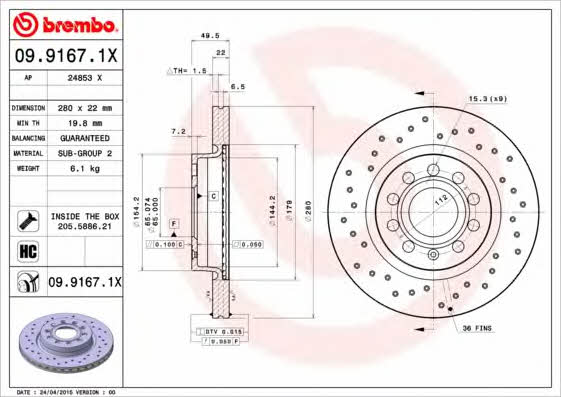 Ventilated brake disc with perforation Brembo 09.9167.1X