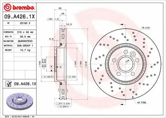 Ventilated brake disc with perforation Brembo 09.A426.1X