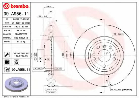 Front vented brake disc Brembo 09.A956.11