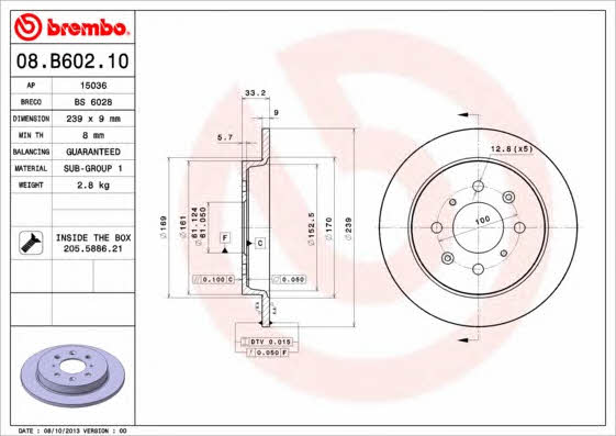 Rear solid brake disc Brembo 08.B602.10
