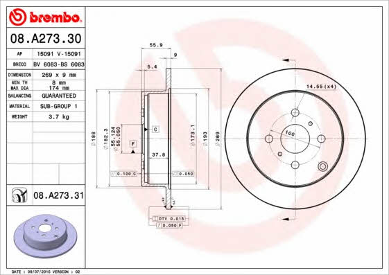 Brembo 08.A273.30 Rear brake disc, non-ventilated 08A27330