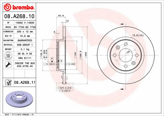 Unventilated front brake disc Brembo 08.A268.11