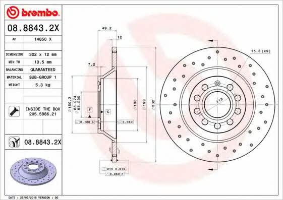 Rear brake disc, non-ventilated Brembo 08.8843.2X