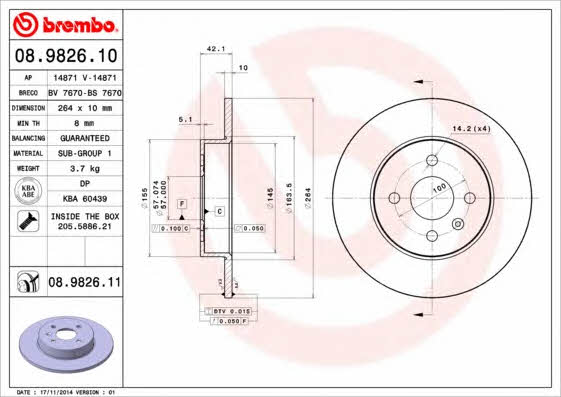 Rear solid brake disc Brembo 08.9826.11