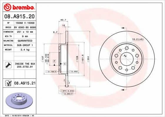 Rear solid brake disc Brembo 08.A915.21