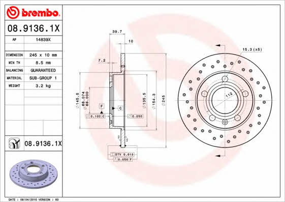Unventilated brake disc Brembo 08.9136.1X