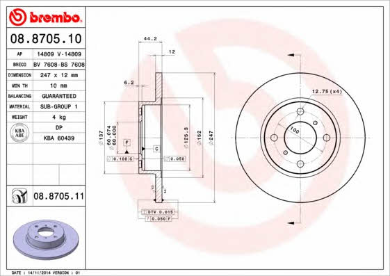 Unventilated front brake disc Brembo 08.8705.11