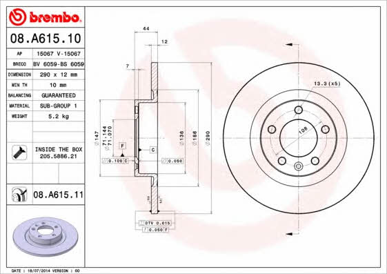Brembo 08.A615.10 Rear brake disc, non-ventilated 08A61510