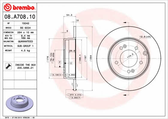 Brembo 08.A708.10 Rear brake disc, non-ventilated 08A70810
