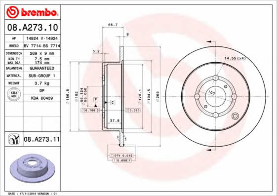 Rear brake disc, non-ventilated Brembo 08.A273.11