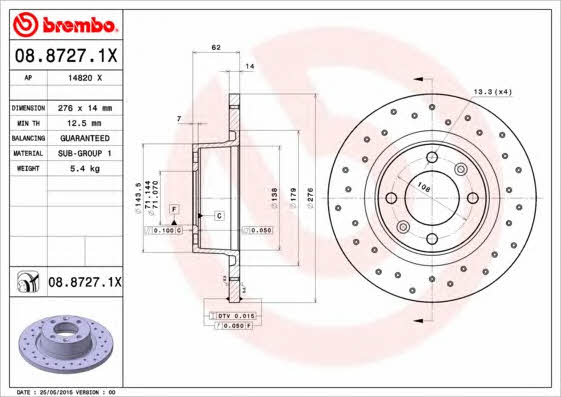 Rear solid brake disc Brembo 08.8727.1X