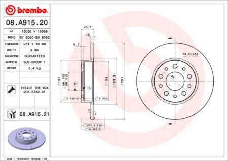Brembo 08.A915.20 Rear brake disc, non-ventilated 08A91520