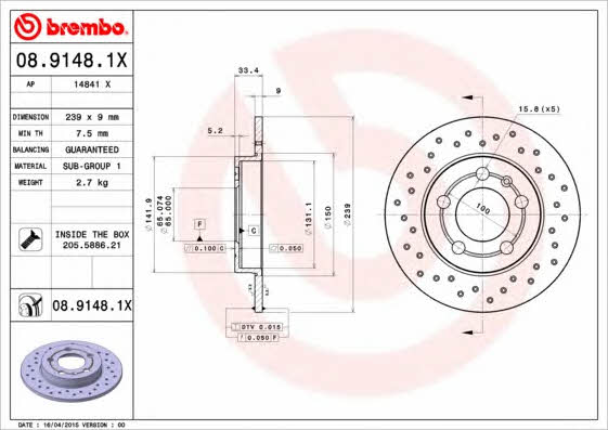 Rear brake disc, non-ventilated Brembo 08.9148.1X