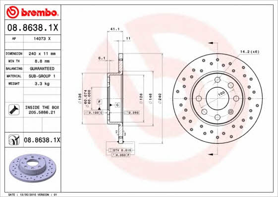 Unventilated front brake disc Brembo 08.8638.1X