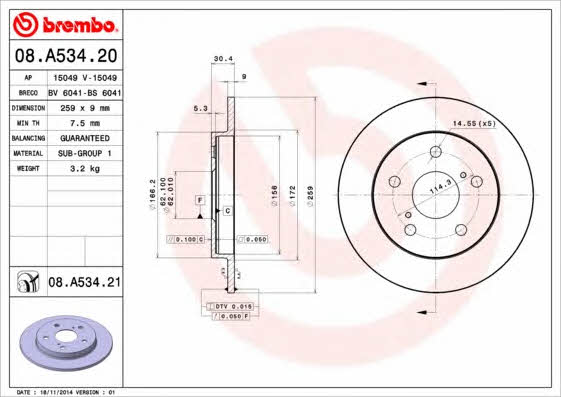 Rear brake disc, non-ventilated Brembo 08.A534.21