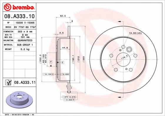 Rear solid brake disc Brembo 08.A333.11